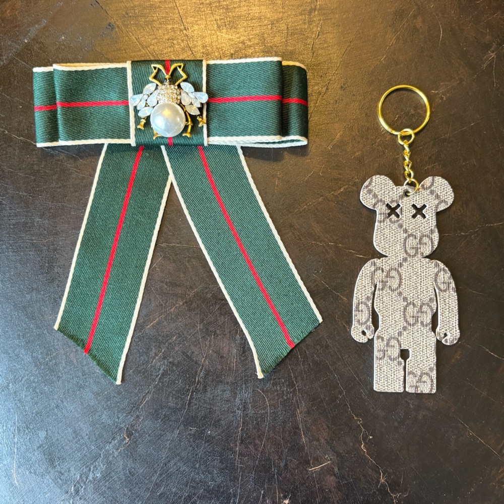 Bearbrick Shaped Keychain From Upcycled Gucci Bag & Gucci Themed Ribbon Brooch